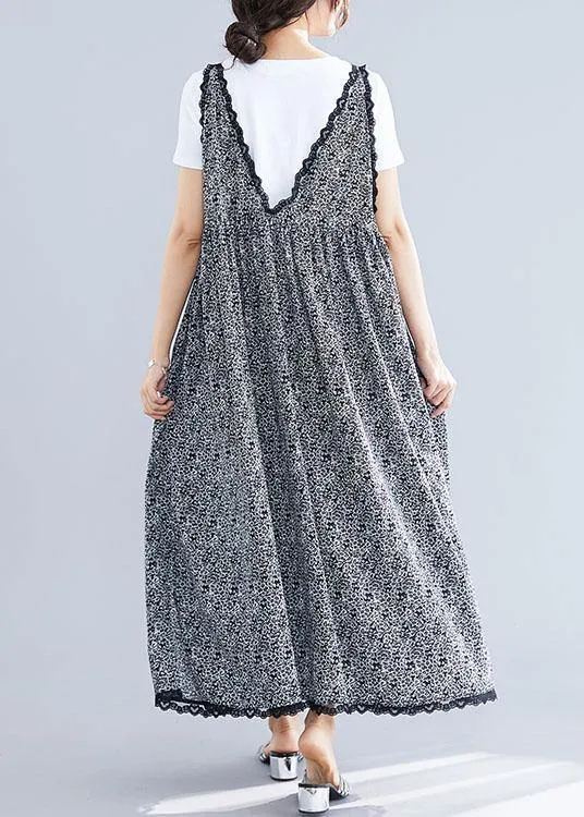100% black floral v neck chiffon quilting dresses lace ruffles Maxi summer Dress