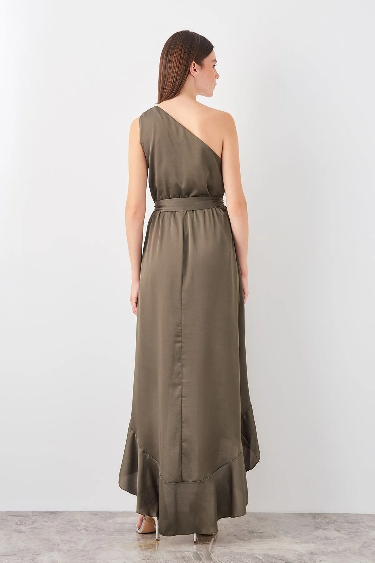 13399 Olive Green One Sleeve Asymmetric Dress