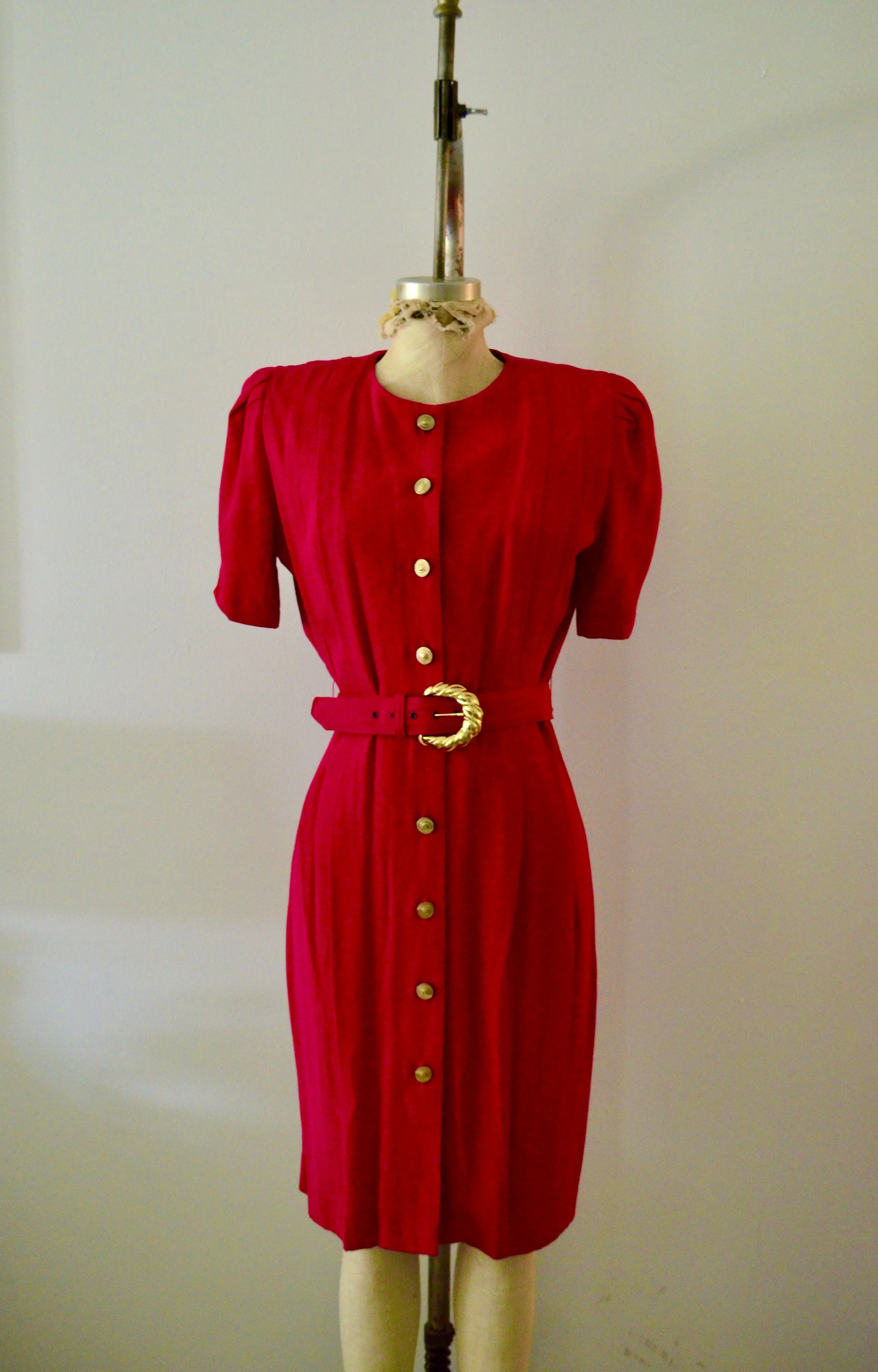 1980S Blazer Dress By S L Petites Pink Button Down Shirt Dress With Matching Belt Linen Shoulder Pads