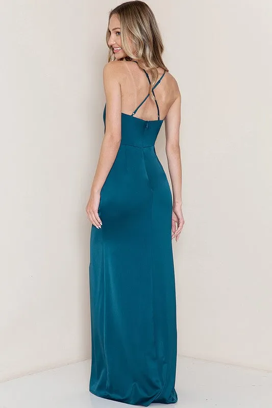 Blue Cowl Neck Satin Shirring Slit Side Maxi Dress
