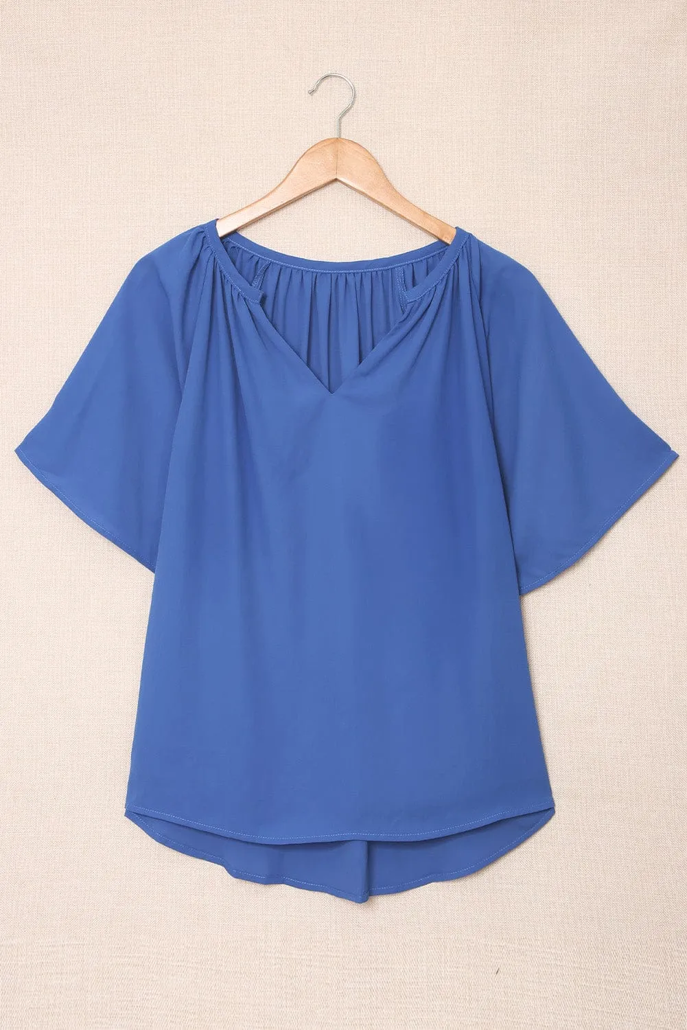Blue Flutter Sleeve V-Neck Pleated Tunic Blouse