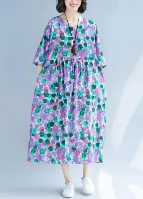 Elegant purple prints cotton linen quilting dresses Cinched waist Love summer Dress