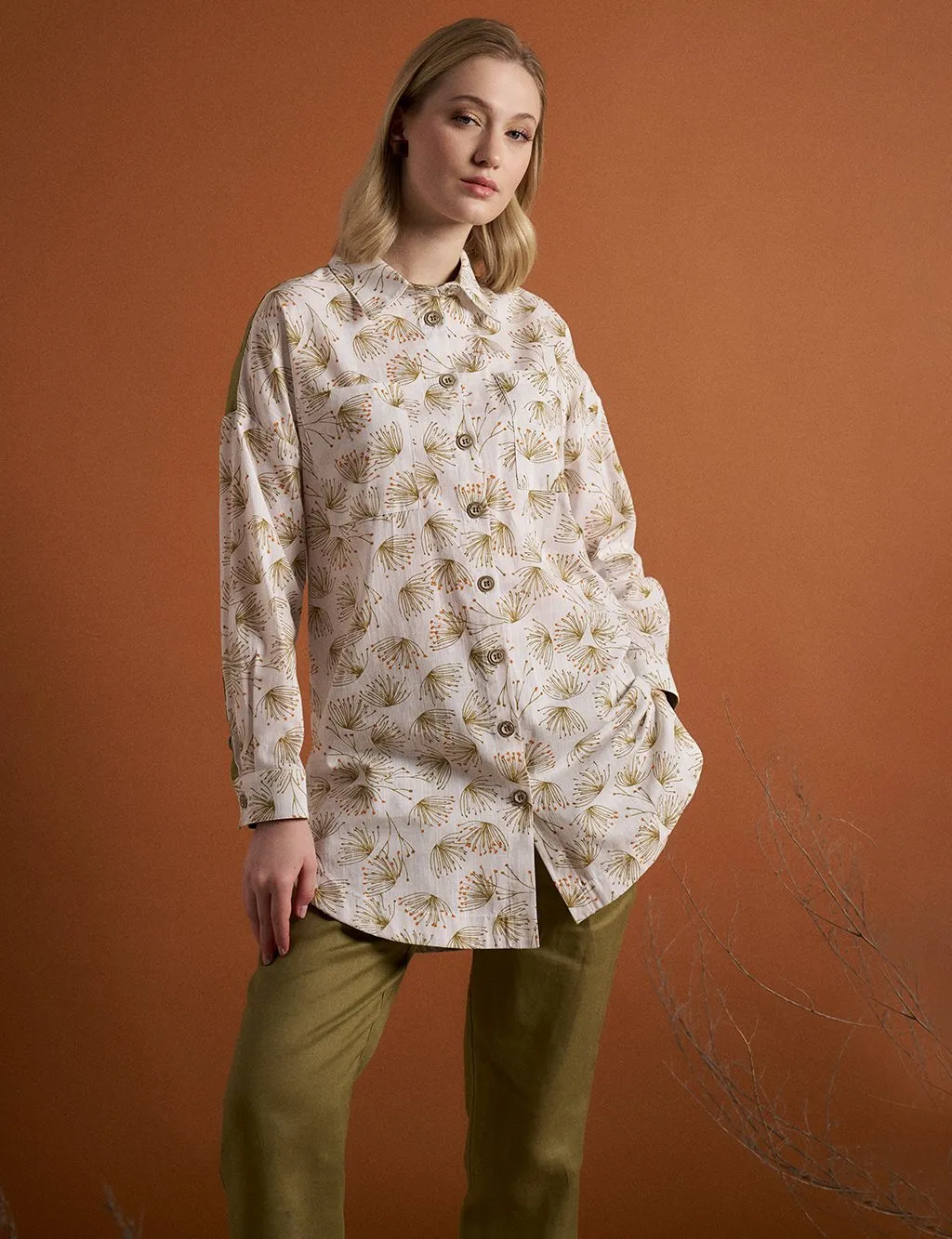 Floral Pattern Double Pocket Natural Fabric Tunic Olive-Optic White