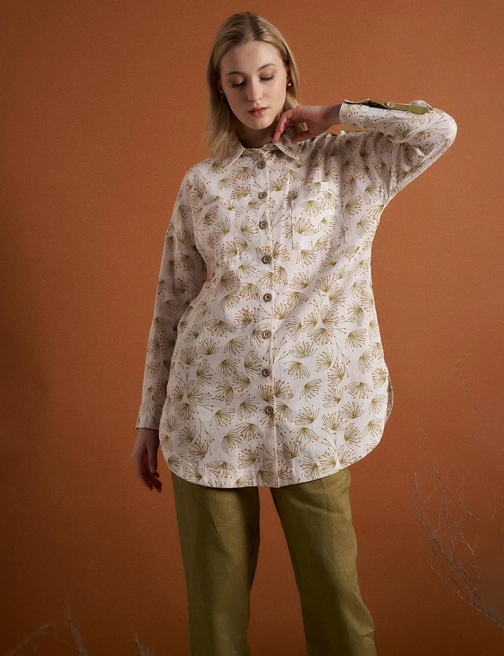 Floral Pattern Double Pocket Natural Fabric Tunic Olive-Optic White