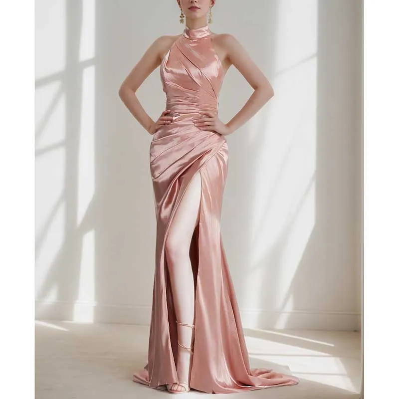 Halter Satin Fitted Prom Dress Split Long Bridesmaid Dress