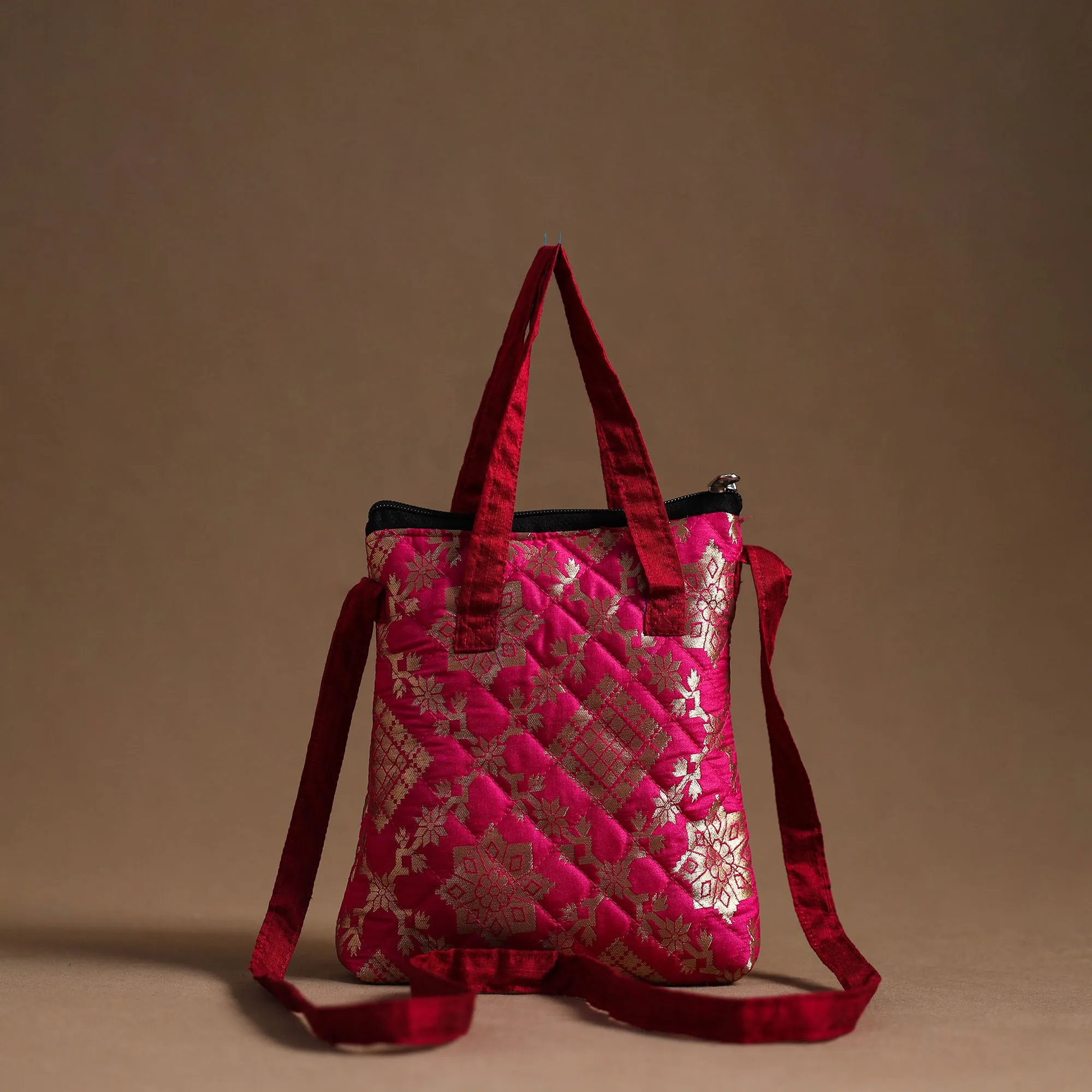 Pink - Handcrafted Quilted Silk Sling Bag 13
