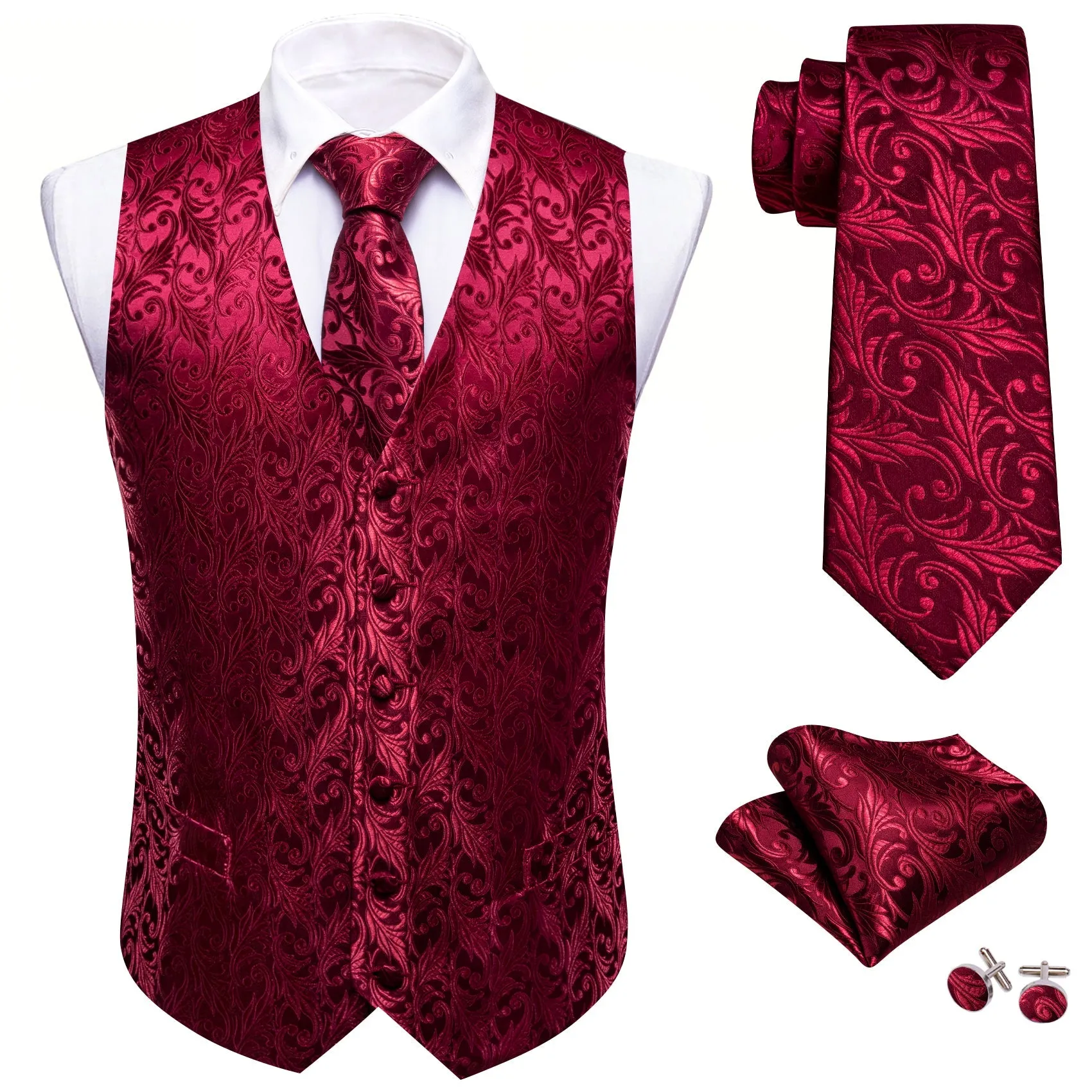 Wine Red Floral Silk Luxury Men's Vest Hanky Cufflinks Tie Set